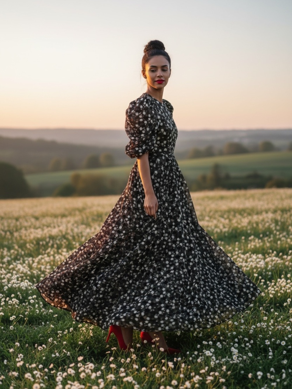Zac Posen Black and White Floral Puff-Sleeve formal gown